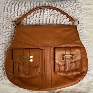 Ralph Lauren Pebbled Cognac Hobo Handbag.